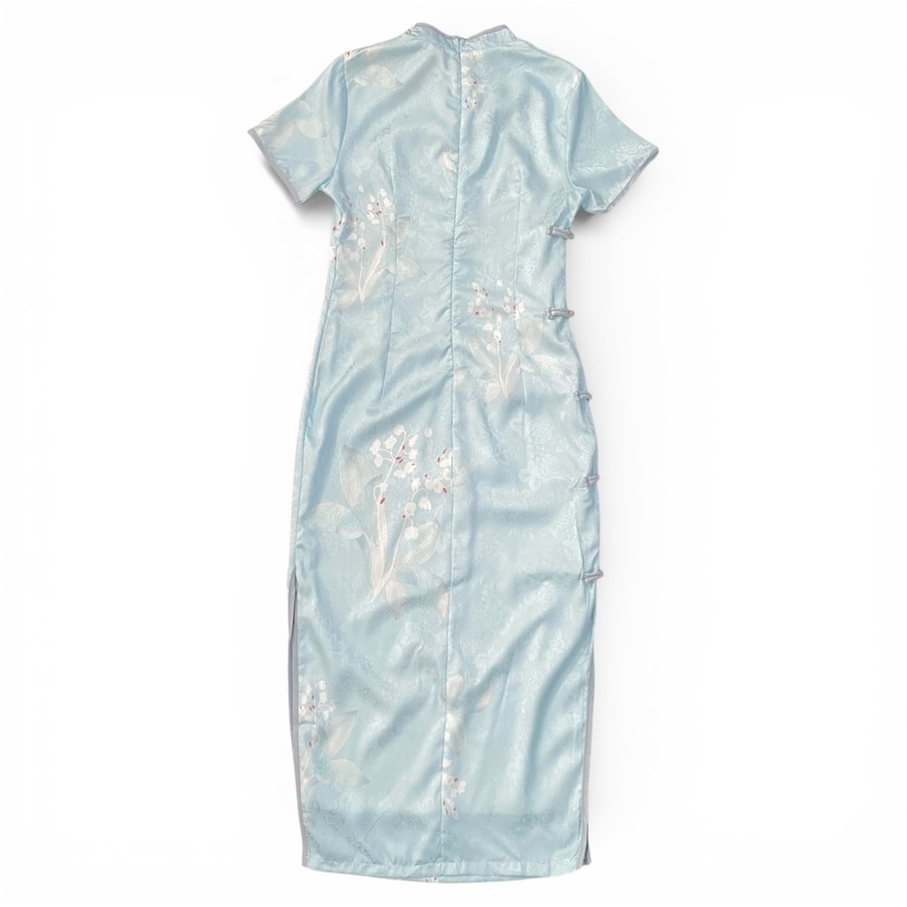 Lilly of the Vally Floral Short Sleeve Midi Blue Cheongsam Qipao Chinese Size S - Picture 3 of 10